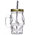 Glass Drinking Jar with Lid & Straw - Skull Shaped