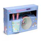 Recycled RPET Set of 5 Kids Cup, Bowl, Plate & Cutlery Set - Unicorn Magic